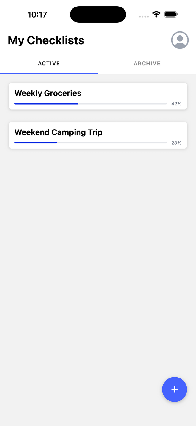 Checkito home screen showing shared checklists with progress and member avatars
